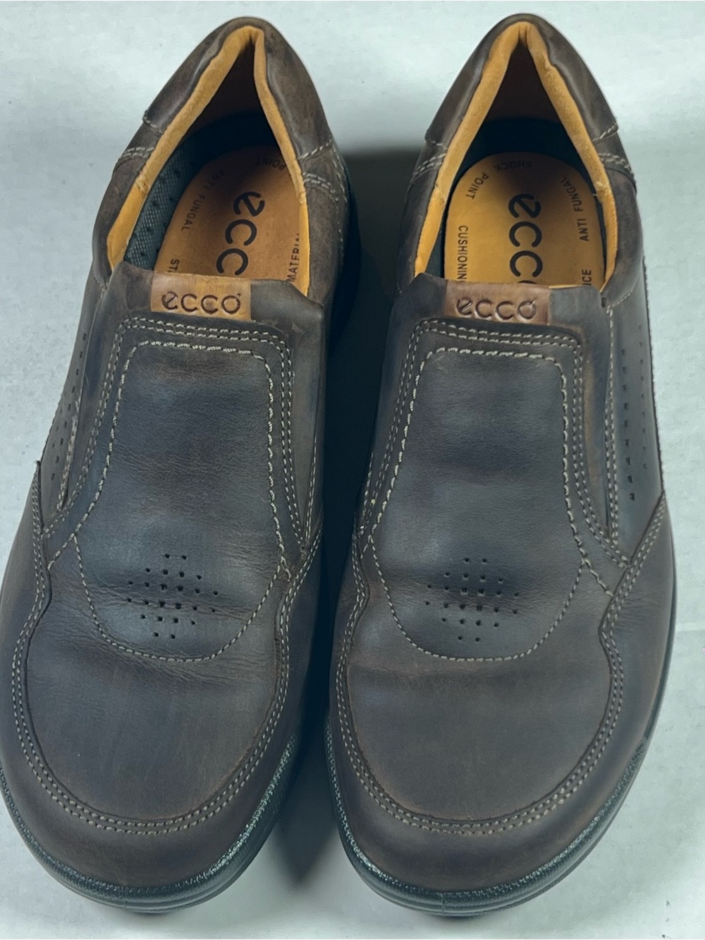 Ecco Men's Brown Leather Slip-On Loafers Comfort Shock Point Heel Sz EU 44 US 10